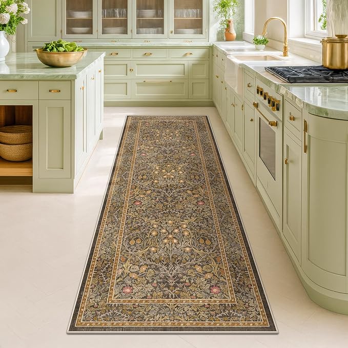 Non Slip 2x5 Gold Brown Bathroom Runner Rug - Small Runner Rugs, Washable Kitchen Floor Mat, Bedroom, Laundry Room, Hallway Runner - Vintage Oriental Décor