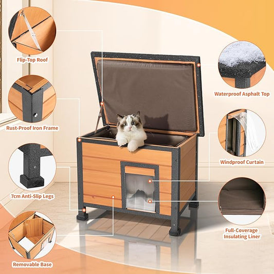 Outdoor Cat House Insulated Feral Cat Shelter for Winter All-Round Thermal Liner with Openable Waterproof Roof