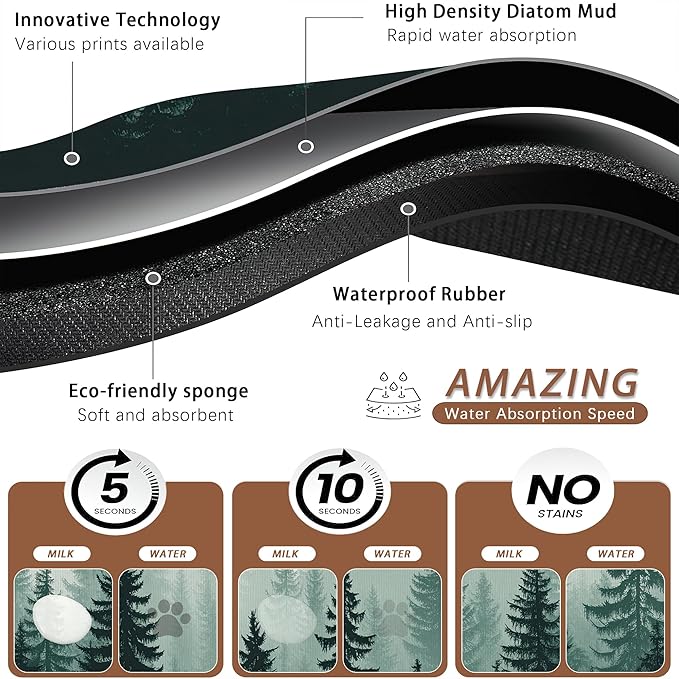 Misty Forest Pet Feeding Mat,Absorbent Quick-Dry Cat Dog Food and Water Bowl Mats,Non-Slip Rubber Backing Mat,Cat Dog Accessories Supplies 16"x24"