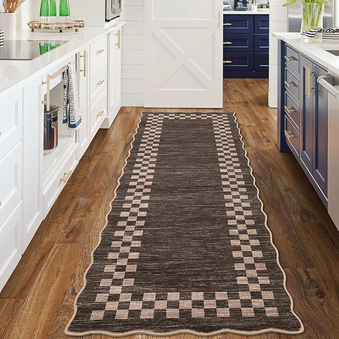 GarveeHome Hallway Runner Rug 2x6 Non Slip Scalloped Washable Rug for Kitchen Entry Stain Resistant Modern Border Throw Floor Carpet Long Runner Mat for Bathroom Living Room Bedside, Brown