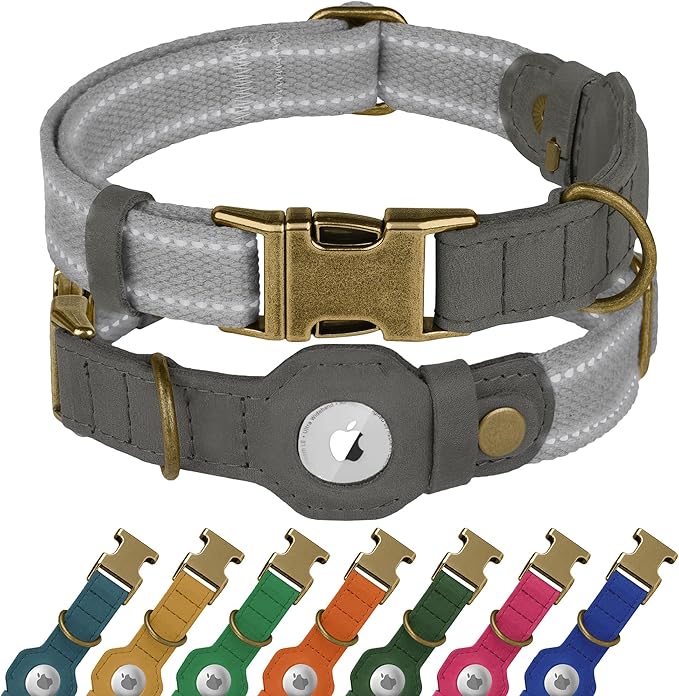 Reflective Leather Dog Collar with AirTag Holder - Soft Apple Airtag Dog Collar with Metal Buckle - Safety Cotton Pet Collars for Dogs Small Large Dogs Puppy (Grey, XL, 20"-25")