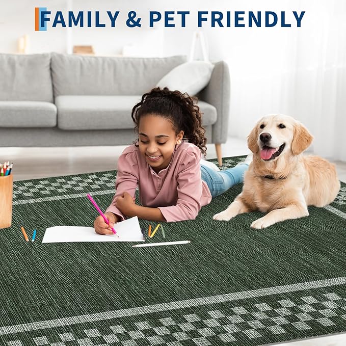 GarveeHome Modern Bordered 8x10 Area Rugs for Living Room Bedroom Soft Washable Large Bedroom Throw Carpet Non Slip Checkered Geometric Rugs for Dining Room Home Decor Office, Green