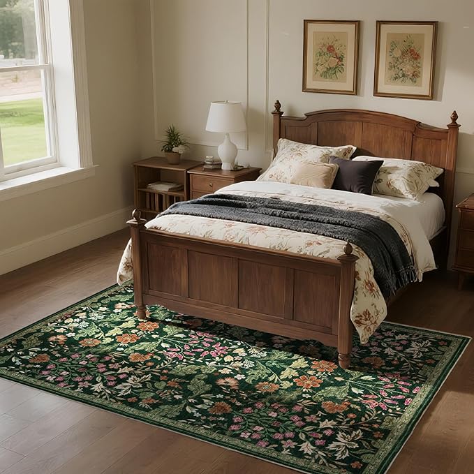 Floral Area Rug for Living Room: 5x7 Washable Soft Low Pile Thin Indoor Carpet, Non Slip Stain Resistant Vintage Flower Boho Accent Rugs for Bedroom, Dining, Home Office - Green