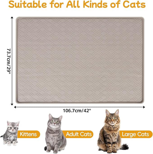 Lanstics Cat Food Mat, 42" x 29" Large Silicone Mat Cat Feeding Mat with Raised Edge Non-Slip Pet Feeding Mat for Food and Water Bowl, Easy to Clean, Floor Protection (Beige)