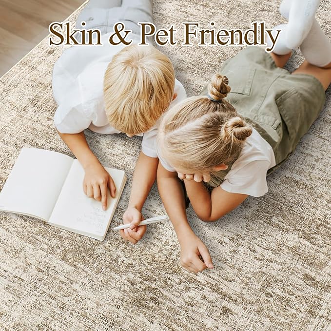 10x14 Area Rugs for Living Room, Non Slip Machine Washable Vintage Rugs, Low Pile Lightweight Large Rug for Bedroom, Dining Room, Home Office Brown