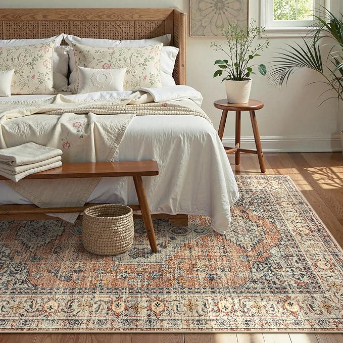 Lahome Oriental Washable Rugs 5x7, Soft 5x7 Rug for Bedroom Living Room, Ultra-Thin Non Slip Stain Resistant Vintage Throw Carpet for ?랣ining Room Office, Peach/Orange