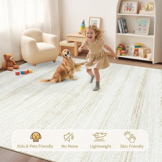 Washable Rug 9x12 Area Rugs: Modern Geometric Rugs for Living Room Non Slip Soft Low Pile Moroccan Indoor Carpet for Bedroom Nursery Dining Room Home Office (Ivory, 9'x12')