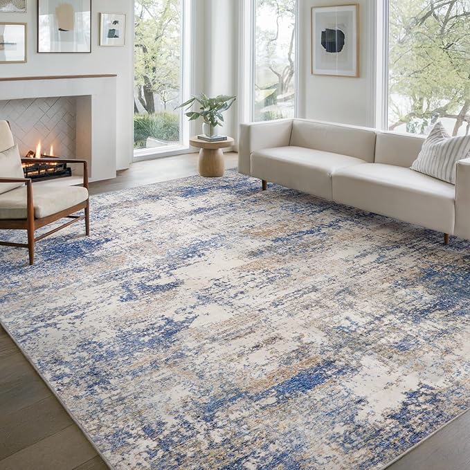 Area Rug Living Room Washable Rugs: 8x10 Modern Neutral Abstract Low Pile Non Slip Floor Carpet - Large Soft Thin Stain Resistant Rug for Bedroom Dining Indoor Office Home, Blue Brown