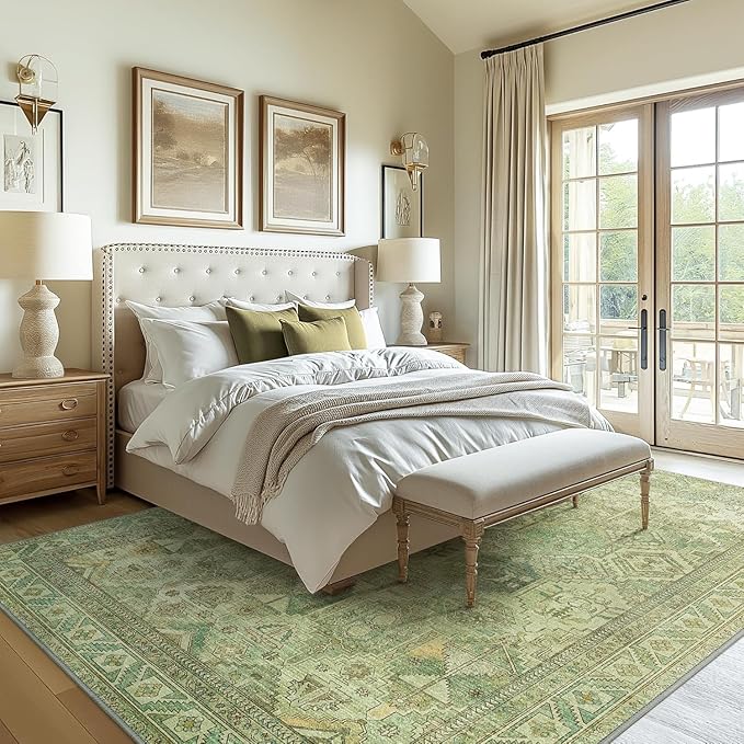 Bavni Washable Rug 6x9 Area Rug for Living Room Bedroom Dining, Washable Vintage Print Carpet, Ultra-Thin Chenille Low Pile Lightweight Rug with Non Slip Backing, Light Green