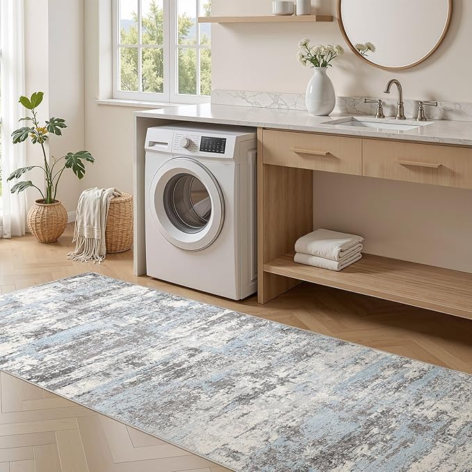 Hallway Washable Runner Rug: 3x10 Abstract Modern Soft Stain Resistant Non-Slip Backing Runner for for Entryway Kitchen Laundry - Blue Grey