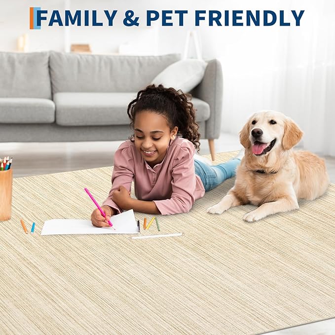 Modern Solid Color Area Rug 10x13 Large Living Room Area Rug Washable Abstract Bedroom Rugs Non Slip Boho Dining Room Throw Carpet Soft Stain Resistant Minimalist Rugs for Nursery Home Office, Beige
