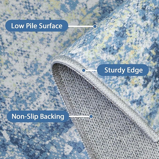 GENIMO Washable Area Rugs for Living Room, 8x10 Modern Non Slip Rugs, Low Pile Lightweight Soft Print Rug for Bedroom, Dining Room, Home Office, Denim Blue