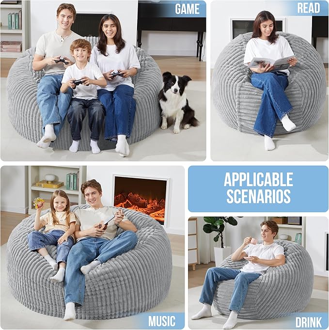 Homguava 5 FT Bean Bag Chair,5' Big Bean Bag,Giant Bean Bag Chairs for Adults with Memory Foam Filled,Comfy Large Beanbag Chairs Soft Bean Bag Sofa with Dutch Corded Plush Cover-Light Grey