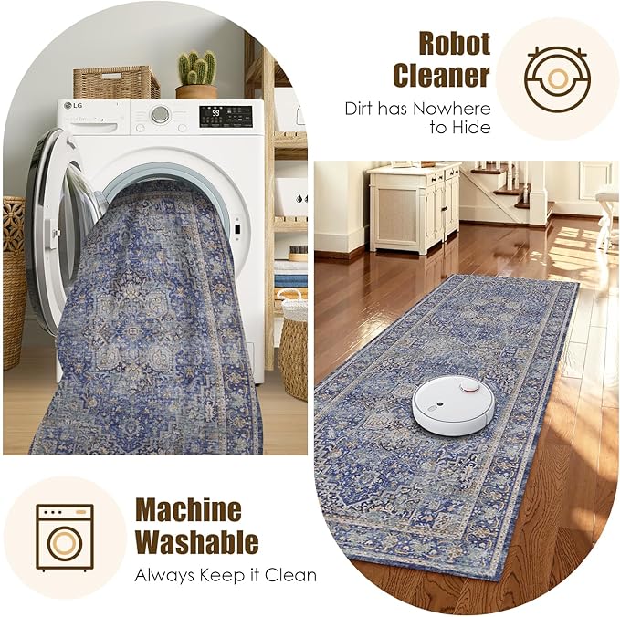 Washable Area Rug 2'6'' x 8' Vintage Traditional Persian Mat - Foldable Distressed Non-Slip Machine Washable Carpet for Living Room Bedroom Kitchen Home Decor - Indigo and Gold