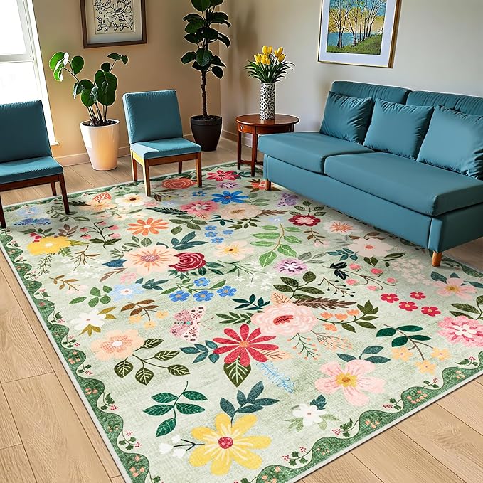 Area Rugs 9x12 Living Room: Floral Washable Rug Vintage Large Soft Boho Non-Slip Carpet Indoor Stain Resistant Low Pile Carpets for Bedroom Dining Room Farmhouse Nursery Hallway Home Office Green