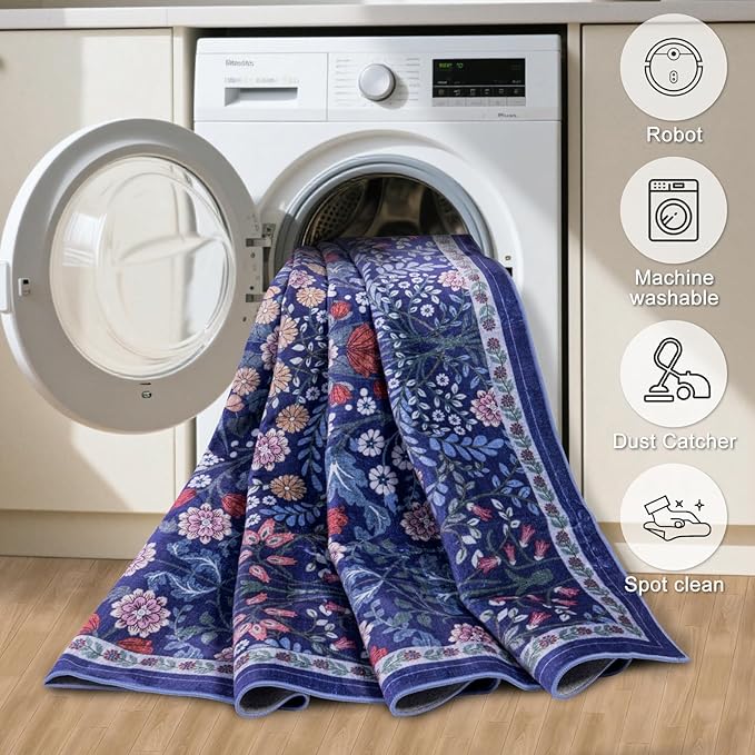Runner Rug for Entryway: 2.6x8 Kitchen Rugs Non Slip Washable Ultra-Thin Soft Floral Carpet Indoor Floor Stain Resistant Carpets for Hallway Bedroom Kitchen Laundry Bathroom Dorm Blue
