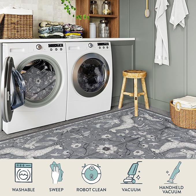 Lahome Boho Animal Rug, 5x7 Washable Living Room Area Rugs, Grey Soft Rugs for Bedroom, Botanical Large Boho Non Slip Dining Room Carpet for Under Table Entryway Kitchen Office (5x7ft, Grey)