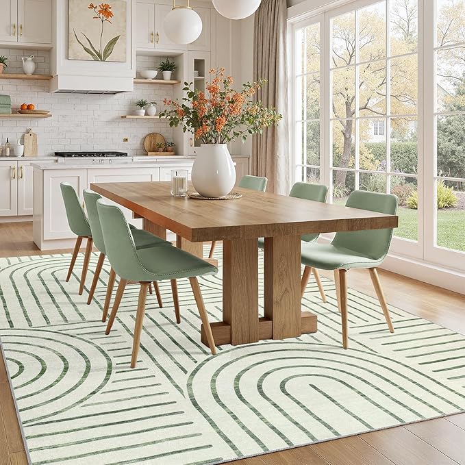 DCX Abstract Machine Washable 9x12 Rug, Sage Green Modern Accent Rug for Living Room, Soft Low Pile Non Slip Carpet, Kid & Pet Friendly Stain Resistant Rug for Bedroom Dining Room Office