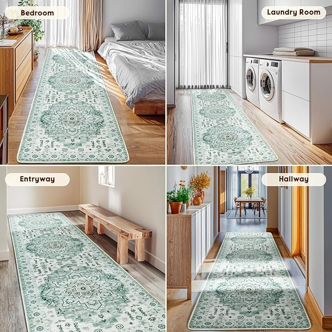 LBRO2M Boho Hallway Rug 2'X10’ Washable Runner Rugs Non Slip Low Piles Rugs Vintage, Soft, Green Area Rug Runners for Hallways, Bedroom, Kitchen Laundry Room Pattern Print (2'X10', Light Green)