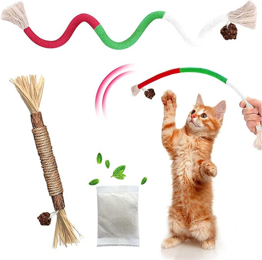 Cat Toys Chew Rope & Silvervine Sticks for Bored Indoor Adult Cats, 2Pcs Interactive Catnip Toys for Cats with Refillable Natural Catnip Bag for Teeth Cleaning