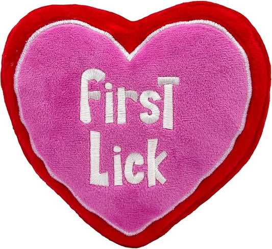 Huxley & Kent Funny Dog Toy w/Squeaker – Valentine's Day Power Plush Squeaky Dog Toys for Small, Medium & Large Dogs – Soft Stuffed Animal for Indoor Play & Fetch - First Lick Heart, Large