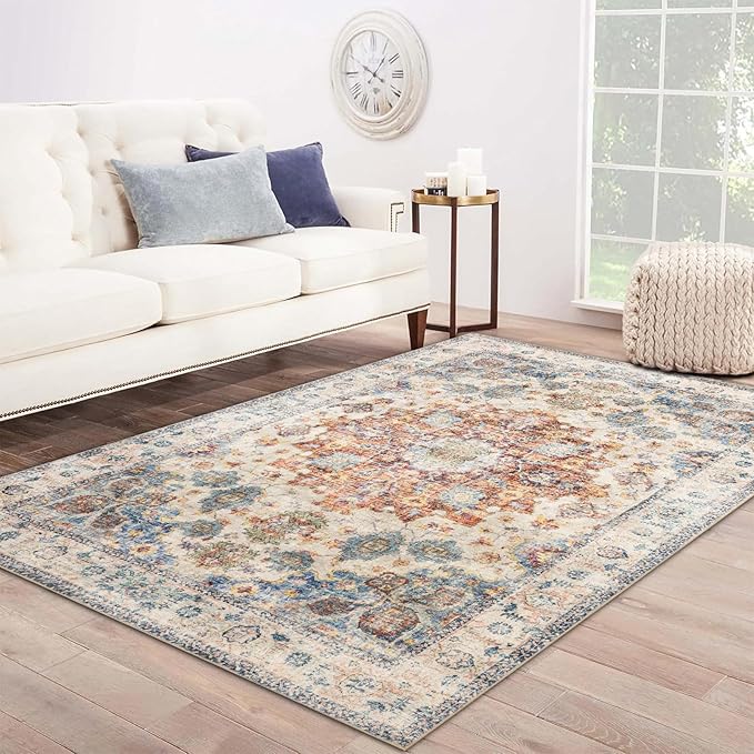 Area Rug 5횞7, Vintage Boho Rug,Ultra-Soft Low Pile, Washable, Non Slip,Stain Resistant Printed Carpet for Living Room Bedrooms Playroom Office Kitchen, Blue/Red