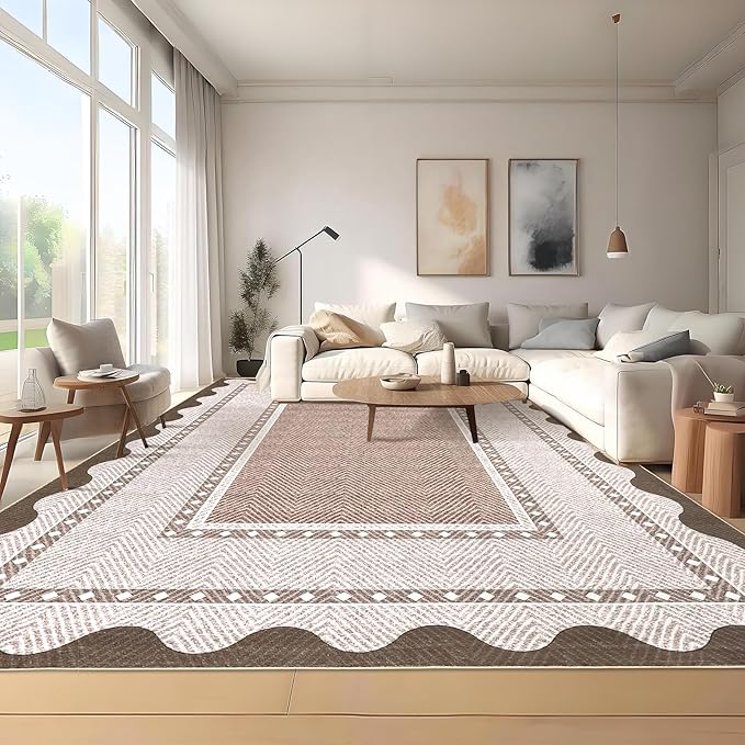 GarveeHome Washable Area Rugs 10x13 Modern Border Neutral Print Pattern Large Solid Rugs, Low Pile Non Slip Stain-Resistant Soft Carpet, Perfect for Living Room, Bedroom, Kids Room, Nursery, Red Brown