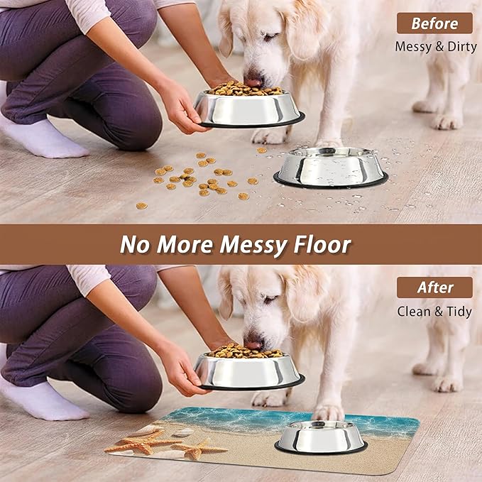 Beach Starfish Dog Food Mat for Floors,Cute Seashell Absorbent Pet Food and Water Bowl Mats,Non-Slip Pet Feeding Mat,Pet Supplies 12" x 20"