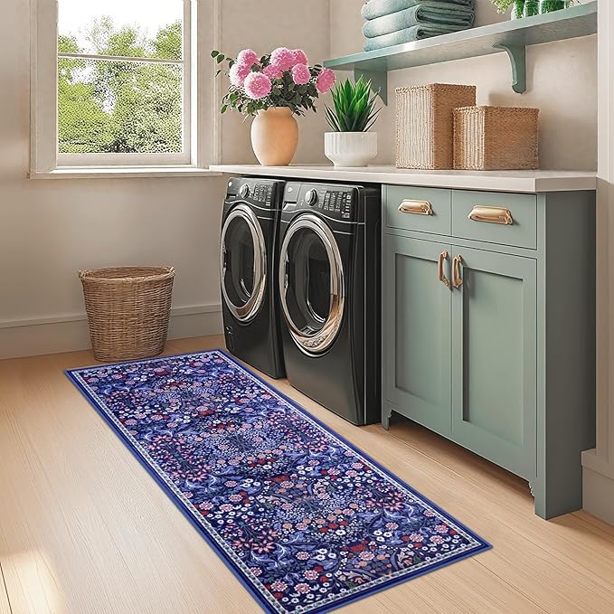 Runner Rug for Entryway: 2.6x8 Kitchen Rugs Non Slip Washable Ultra-Thin Soft Floral Carpet Indoor Floor Stain Resistant Carpets for Hallway Bedroom Kitchen Laundry Bathroom Dorm Blue