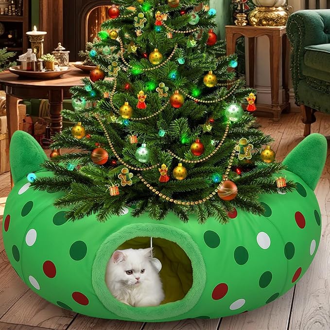 Cat Tunnel Christmas Tree Skirt, 3ft x 3ft x 9.8in Cat Tunnels for Indoor Cats, Grinch Cat Tunnel Bed with Hanging Ball and Cat Ears, Kitten Toys for Indoor Kittens Puppy Rabbit Ferret