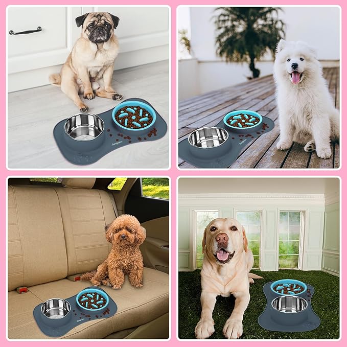 Slow Feeder Dog Bowls 3 in 1 Stainless Steel Dog Food and Water Bowls with Non-Spill and Non-Skid Silicone Mat to Slow Down Eating for Large Medium Small Breed Size Dogs and Cats