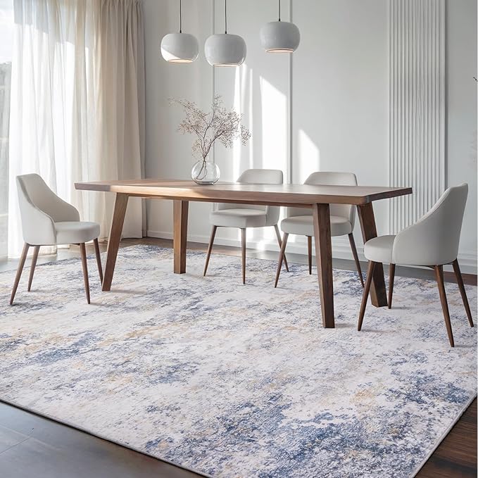 Area Rug Living Room Washable Rugs: 5x7 Modern Neutral Abstract Low Pile Non Slip Floor Carpet - Large Soft Thin Stain Resistant Rug for Bedroom Dining Indoor Office Home, Blue Glod