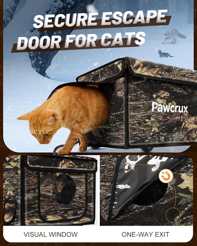 Heated Cat House for Outside with Dual Doors, Insulated Cat House Outdoor with Heating Pad, Weatherproof Heated Outdoor Cats Houses Weatherproof for Feral Cats (Leaf, 25.5" L x 16" W x 14" H)