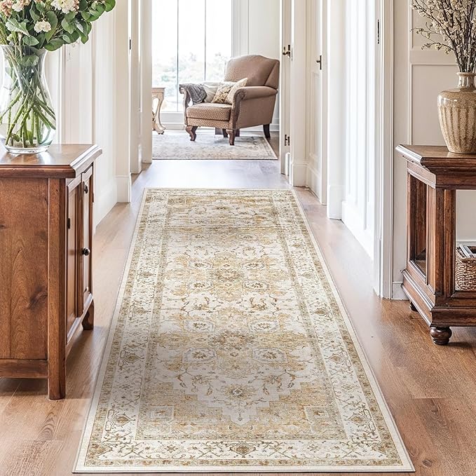 AMADA HOMEFURNISHING 2.6x8 Washable Area Rug, Low-Profile Entryway Rug with Non-Slip Backing & Durable Edge Binding, Vintage Rug Pattern, Small Rugs for Entryway, Kitchen & Living Room
