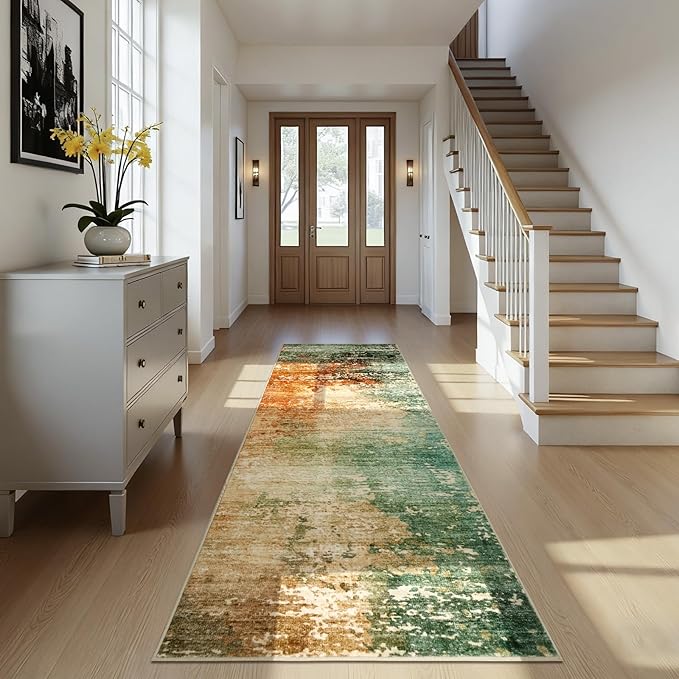 Joydeco 2x6 Washable Runner Rug for Hallway, Modern Abstract Non-Slip Soft Rugs, Low Pile Carpet for Entryway, Bedroom, Kitchen, Laundry, Green & Orange & White