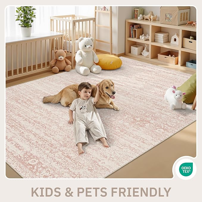 Pink 8x10 Area Rugs for Baby Girl Nursery, Washable Rugs Vintage Floral Non-Slip Low Pile Soft Throw Carpet for Living Room Dining Room Bedroom Kids Playroom (Pink, 8'x10')