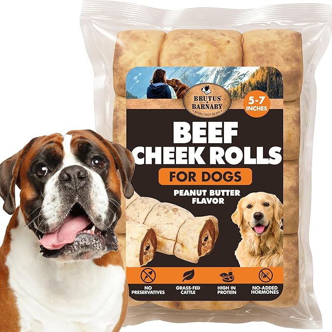 Premium Beef Cheek Rolls for Dogs 5-7" - (5-Pack), Peanut Butter Flavored Long Lasting, Safe & Natural Rawhide Alternative Chews, Ideal for Large Dogs & Aggressive Chewers, Supports Dental Health