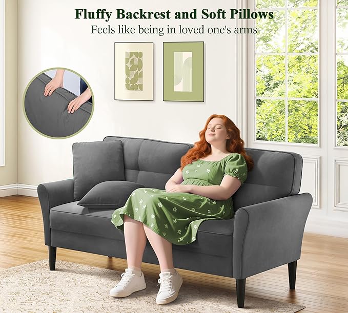 69" Loveseat Sofa, Velvet Small Couches for Small Spaces, Love Seat Couches with 2 Pillows, Tool-Free Setup Loveseats, 700lb Load Sofas for Living Room, Mini Couch for Bedroom, Comfy Sofa Couch, Grey