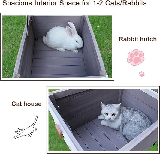 Rockever Outdoor Cat House,Outdoor cat Houses for Feral Cats Weatherproof Rabbit Hutch Small, Wooden Small Pet House and Habitats (Modern, Grey-with Mat)