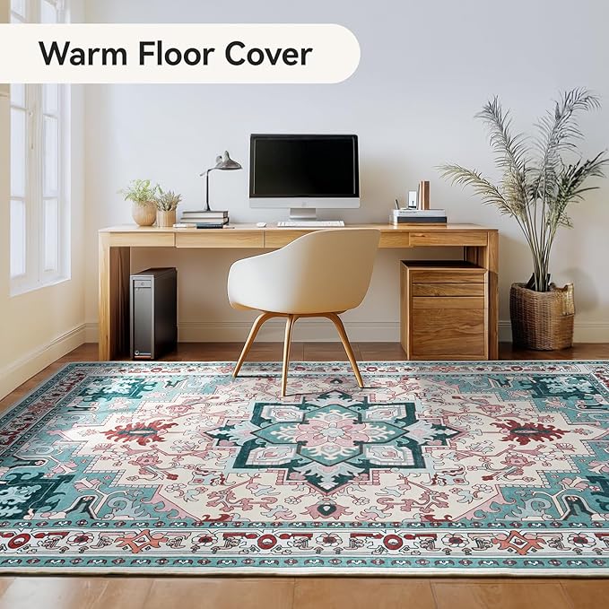 Lofus 8x10 Area Rugs, Large Area Rug for Living Room, Floral Washable Area Rug for Bedroom, Office, Dining Room, Non-Slip Vintage Boho Rug, Low-Pile Soft Carpet, Traditional Oriental Style, Light Blue