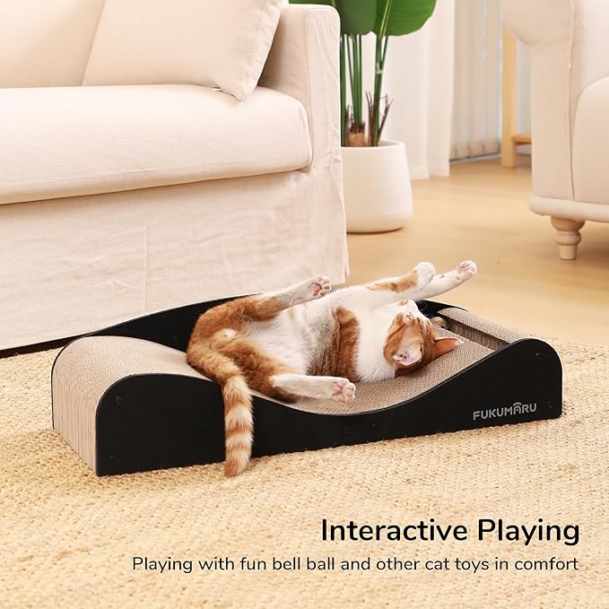 FUKUMARU Cardboard Cat Scratcher Bed, Extra Long 29.1 Inch Cat Scratch Bed Couch Indoor, Natural Felt Multifunctional Cats Scratching Lounger, Horizontal Kitten Cats Scratch Pad with Ball Toy, Black