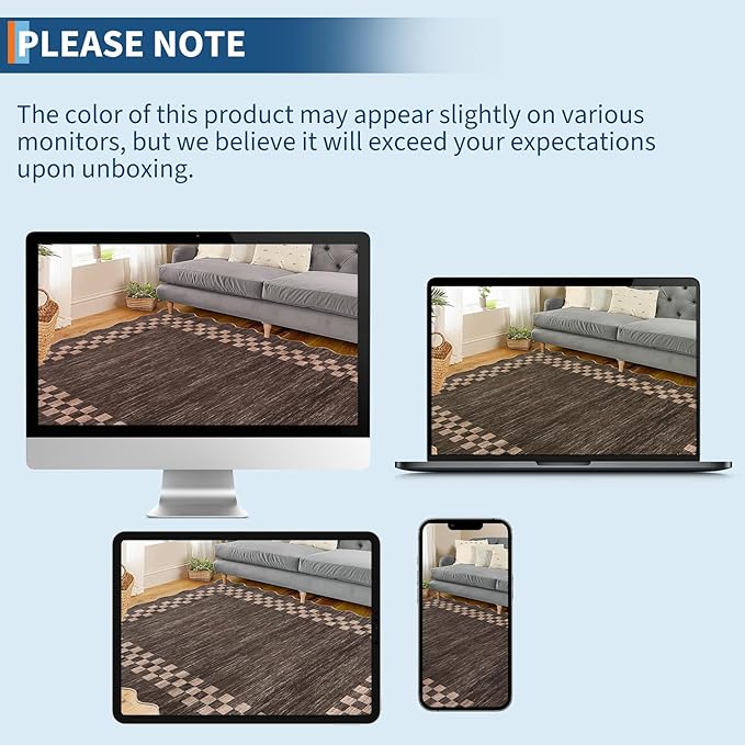 GarveeHome 4x6 Area Rug Small Washable Living Room Rug Scalloped Rug with Rubber Backing Stain Resistant Low Pile Dining Room Throw Carpet Modern Bordered Mat for Bedroom Kitchen, Brown