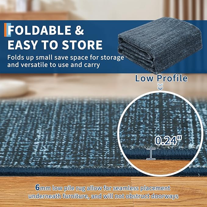 Washable Runner Rug 2x6 Modern Solid Color Kitchen Runner Mat Minimalist Plain Long Runner Rug for Entryway Bedroom Bedside Non Slip Low Pile Boho Accent Solid Runner Rugs for Nursery, Navy 2'x6'