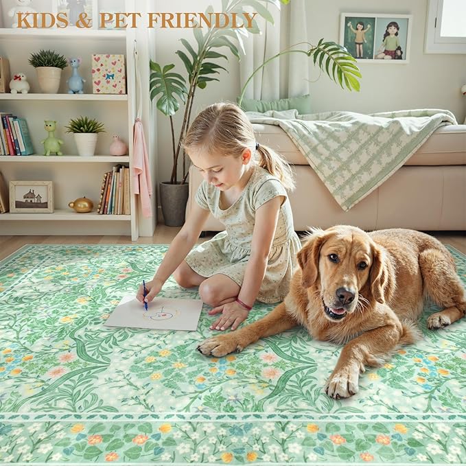 Lahome Floral Washable Area Rugs 5x7, Soft Green Rugs for Living Room Bedroom, Boho Non Slip Low Pile Forest Stain Resistance Large Throw Carpet for Farmhouse Dining Room Office,Sage Green