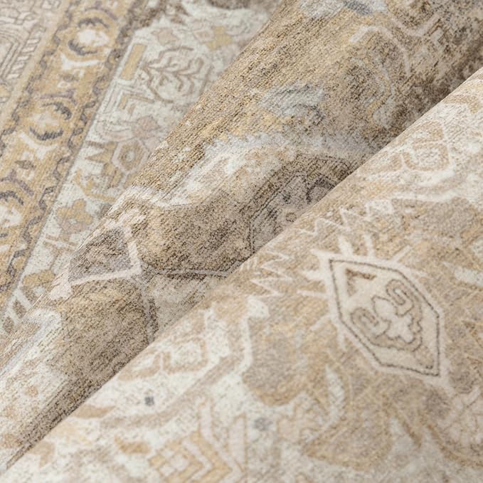 2x6 Washable Vintage Runner Rug for Living Room Bedroom Non Slip Distressed Traditional Soft Runner Rug Beige Brown Low Pile Lightweight Floral Runner Kitchen Hallway Entrance
