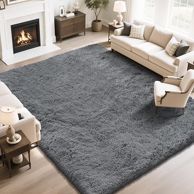 Fluffy Rug Shaggy Area Rug, Dark Grey 8x10 Area Rugs for Living Room, Large Shag Area Rugs for Bedroom Kids Room Home Decor, Upgrade Anti-Skid Rectangular Fuzzy Rugs
