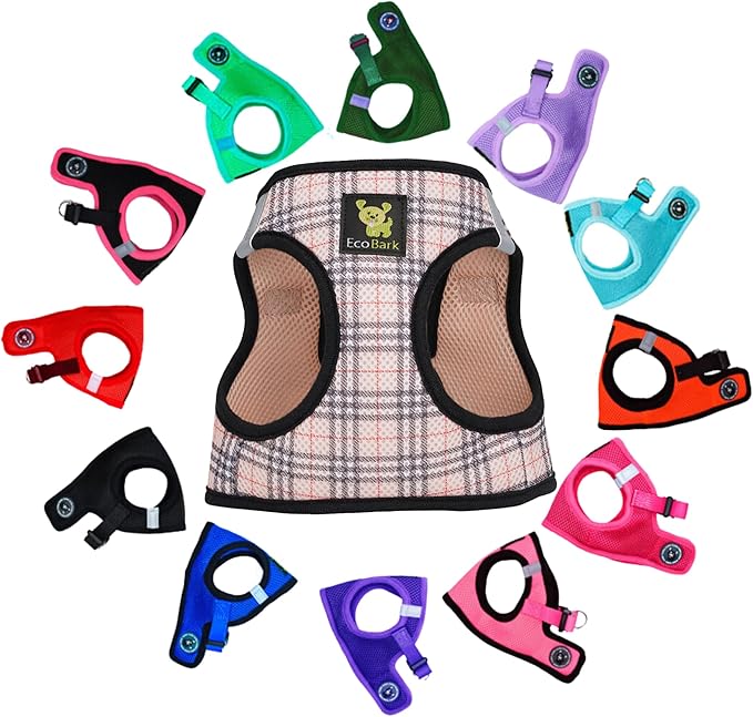 EcoBark Step in Dog Harness - Eco-Friendly Teacup Dog Harnesses for XXS, XS, and Small Dogs - Reflective and Adjustable Mini Body Halter Vest -Tiny Soft Mesh Toy Breed Harness (Beige Plaid, XXS)