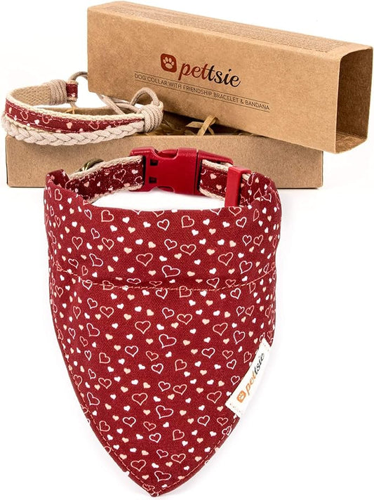 Pettsie Adjustable Dog Bandana Collar with Matching Owner Friendship Bracelet – Soft & Durable Hemp, Stylish Removable Scarf for Dogs, Gift-Ready Set for Pet Lovers, Medium, Red