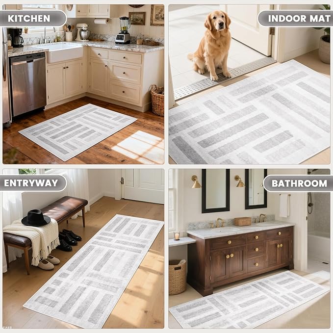 Washable Area Rugs,2x6ft Soft Rug for Living Room and Bedroom Vintage Striped Rug Stain Resistant with Non Slip Backing Geometric Checkered Foldable Print Mat for Home Decor