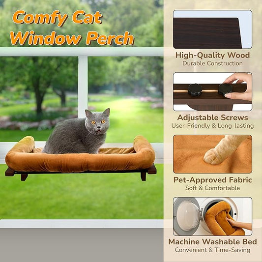 [Ready to Gift] PURRHOUSE 45LBS Cat Window Perch with Bolster, Hammock Seat with Plywood & Metal Frame, Cat Bed for Windowsill, Bedside and Cabinet (Walnut Wood & Brown Cushion, 24.8''W x 9.4''H)